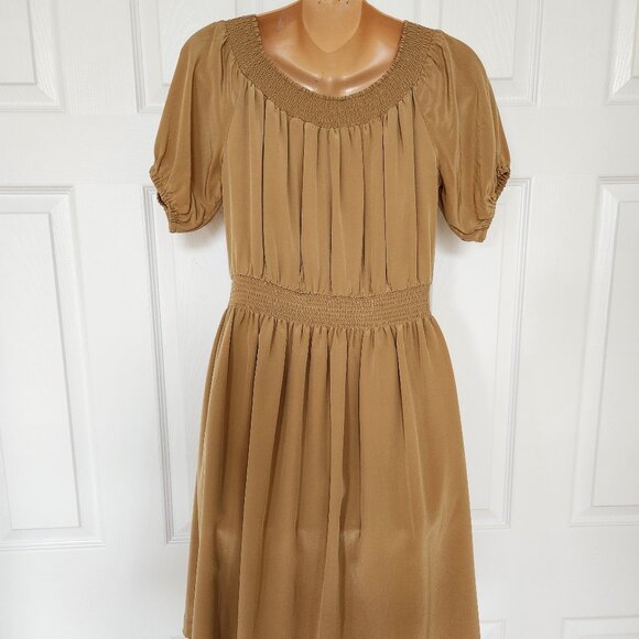 CLUB MONACO SILK PUFF SLEEVES CAMEL GOLD COLOR SUMMER DRESS SIZE 4 - Picture 4 of 7